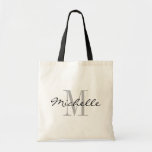 Glamorous black and white name monogram tote bags<br><div class="desc">Glamorous black and white name monogram tote bags. Elegant logo design with beautiful monogrammed letter initials. Cute personalized gift idea for bride, flower girls, maid of honor and bridesmaids at wedding party. Classy script typography with chic background letter. Also great for bridal shower or bachelorette party. Beautiful accessories for women...</div>