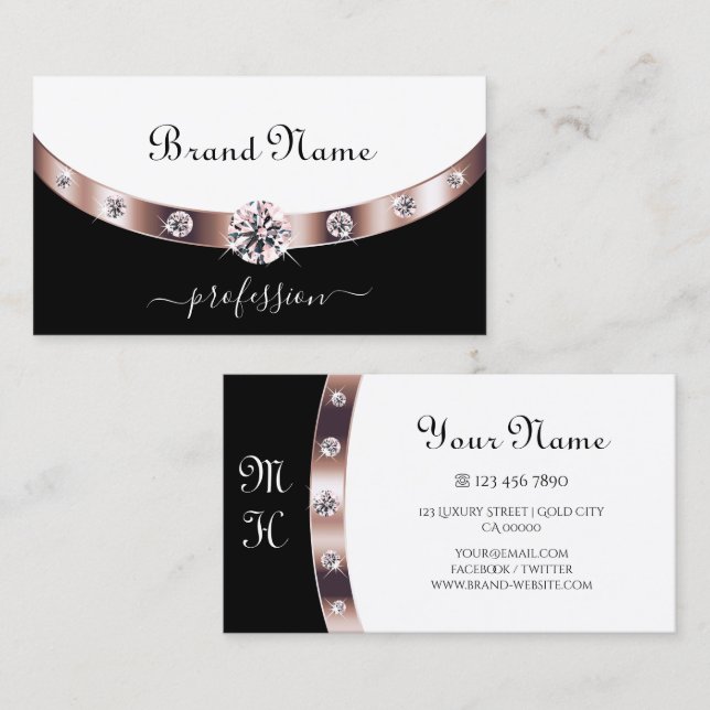 Glamorous Black and White Rose Gold with Initials  Business Card (Front/Back)