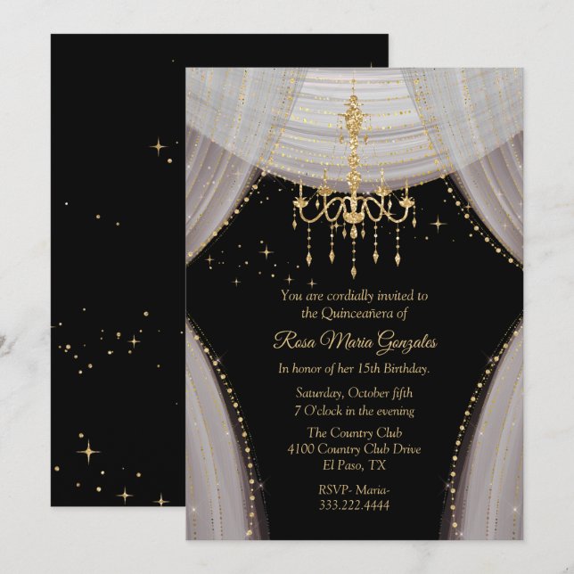 Glamorous Black Blush and Gold Quinceañera   Invitation (Front/Back)