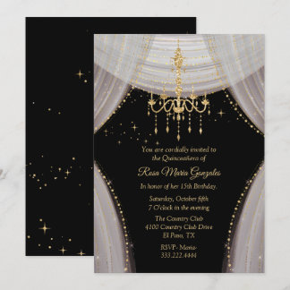 Glamorous Black Blush and Gold Quinceañera Invitation
