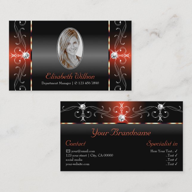Glamorous Black Brown Squiggled Jewels with Photo Business Card (Front/Back)
