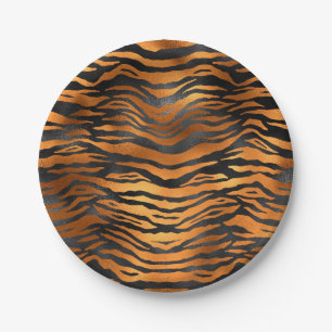 Glamorous Black Brown Tiger Stripes Animal Print Paper Plates
