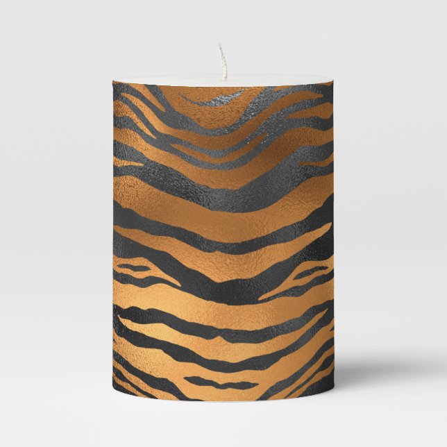 Glamorous Black Brown Tiger Stripes Animal Print Pillar Candle (Front)