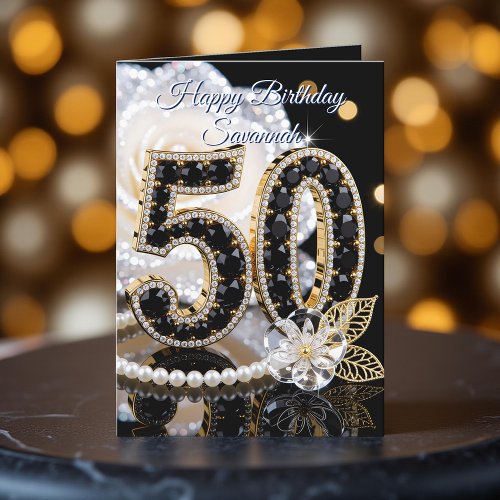 Glamorous Black Gemstone White Rose 50th Birthday