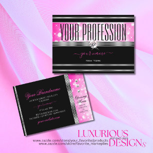 Glamorous Black Girly Pink Glitter Diamonds Silver Business Card