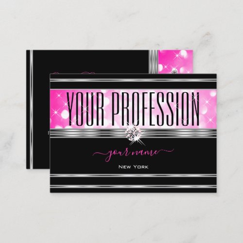 Glamorous Black Girly Pink Glitter Diamonds Silver Business Card