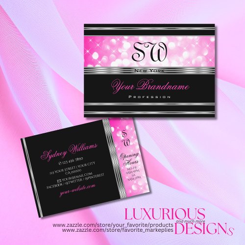 Glamorous Black Girly Pink Glitter Initials Silver Business Card
