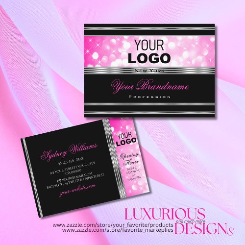 Glamorous Black Girly Pink Glitter Logo Silver Business Card