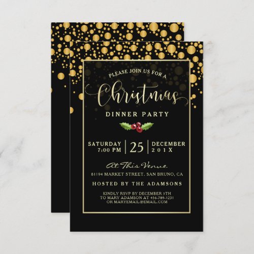 Glamorous Black & Gold Bubbles Christmas Dinner Invitation - Send elegant, atmospheric Christmas party invitations for your dinner party celebration this year with these easy to personalize / customize invites. The semi-transparent black overlay has a golden border over a background of golden bubbles. There is a sprig of holly and two holly berries in the middle. Zazzle has lots of different fonts and font colors to chose from. Please note the all Zazzle products are digitally flat printed.