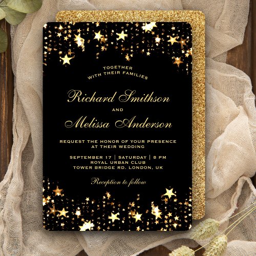 Glamorous Black Gold Faux Glitter Stars Wedding Invitation