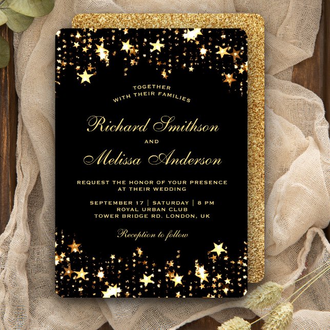 Glamorous Black Gold Faux Glitter Stars Wedding Invitation (Creator Uploaded)