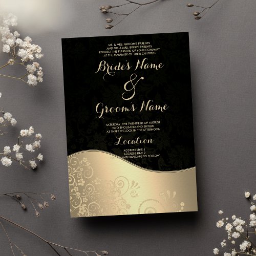 Glamorous Black Gold Floral Damask Chic Wedding  Invitation