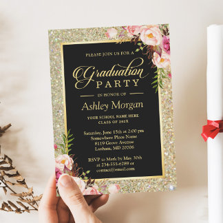 Glamorous Black Gold Floral Photo Graduation Party Invitation