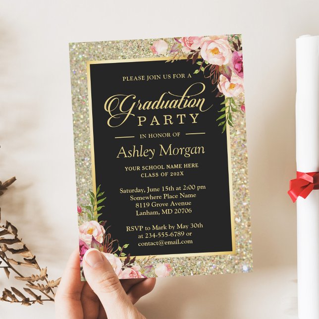 Glamorous Black Gold Floral Photo Graduation Party Invitation (Creator Uploaded)