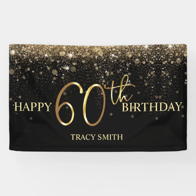 Glamorous Black Gold Glitter 60th Birthday Banner (Horizontal)