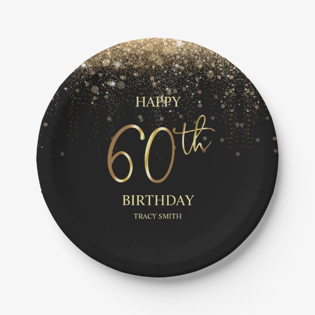 Glamorous Black Gold Glitter 60th Birthday Paper P Plates (Front)