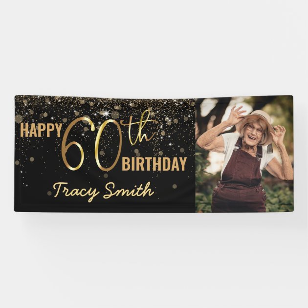 Glamorous Black Gold Glitter 60th Photo Birthday Banner | Zazzle