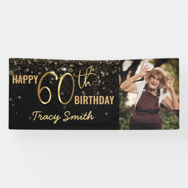 Glamorous Black Gold Glitter 60th Photo Birthday Banner (Horizontal)