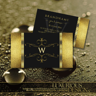 Glamorous Black Gold Glitter Decorated Monogram Business Card