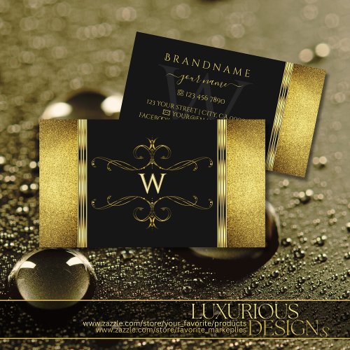 Glamorous Black Gold Glitter Decorated Monogram Business Card