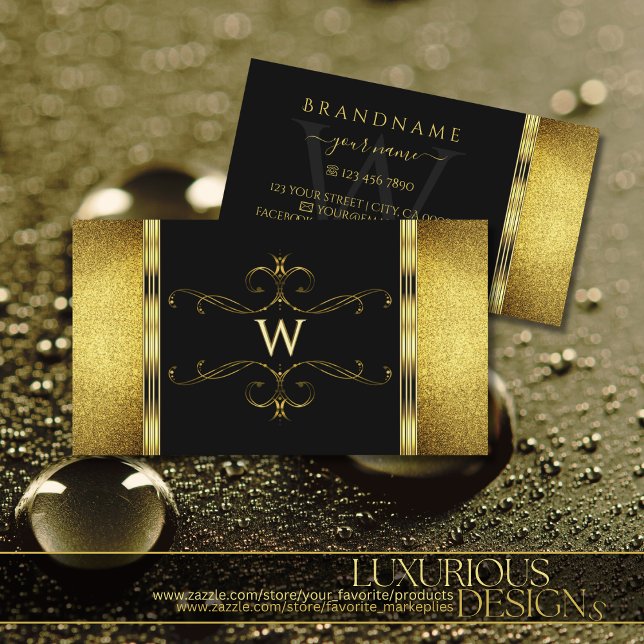 Glamorous Black Gold Glitter Decorated Monogram Business Card (Creator Uploaded)