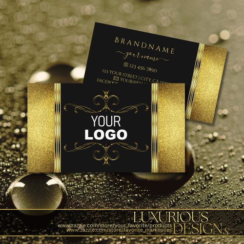 Glamorous Black Gold Glitter Decorated Ornate Logo Business Card