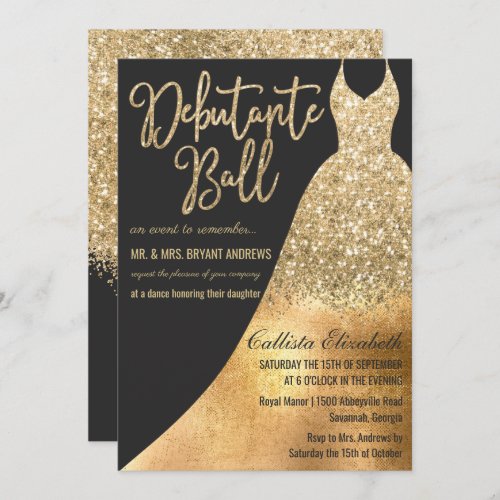 Glamorous Black Gold Glitter Dress Debutante Dance Invitation