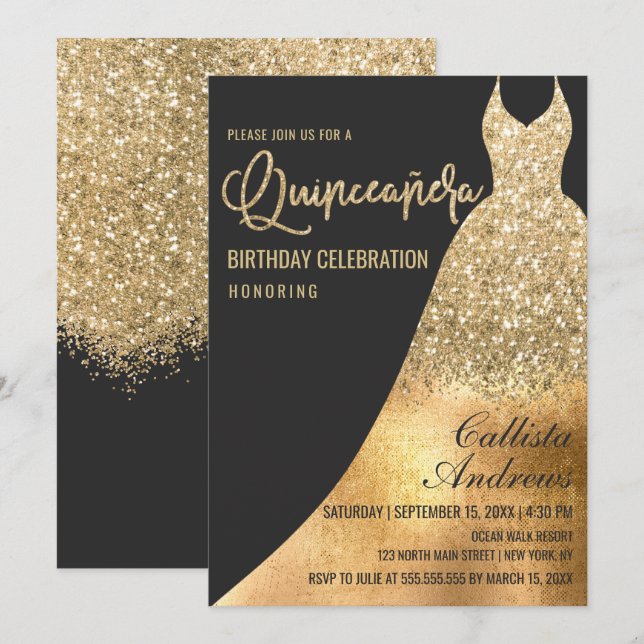 Glamorous Black Gold Glitter Dress Quinceañera Invitation (Front/Back)