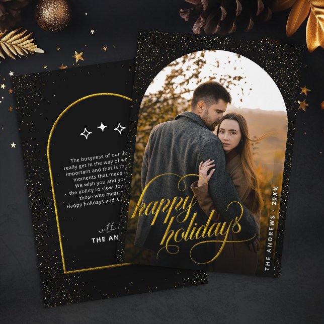 Glamorous Black & Gold Glitter  Holiday Arch Photo Card (Creator Uploaded)