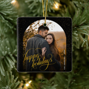 Glamorous Black & Gold Glitter Holiday Arch Photo Ceramic Ornament