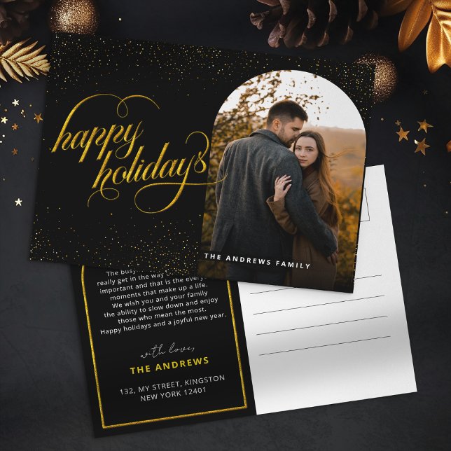 Glamorous Black & Gold Glitter  Holiday Arch Photo Postcard (Creator Uploaded)