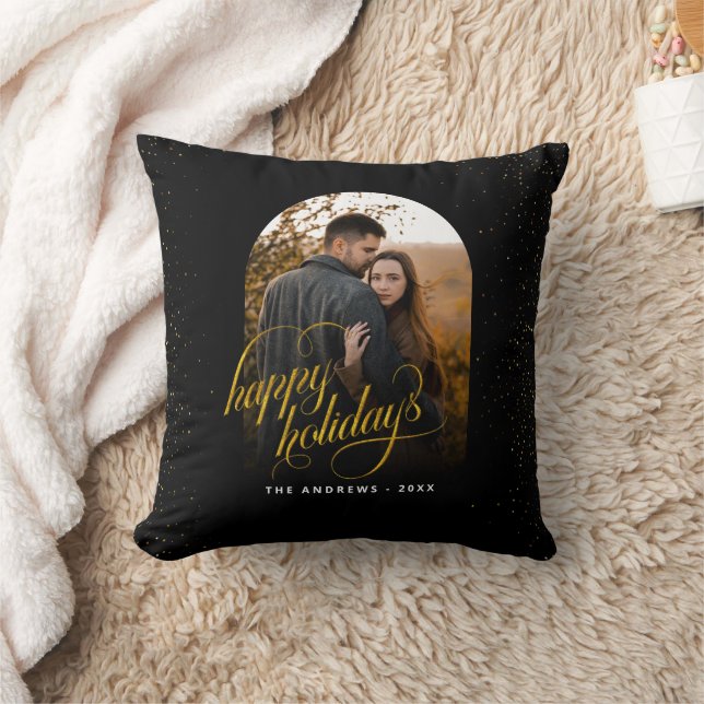 Glamorous Black & Gold Glitter  Holiday Arch Photo Throw Pillow (Blanket)