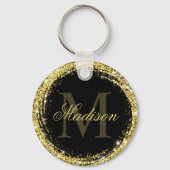 Glamorous Black Gold Glitter Monogram Name Keychain (Front)