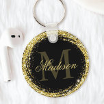 Glamorous Black Gold Glitter Monogram Name Keychain<br><div class="desc">Easily personalize this luxury glam gold glitter framed keychain with your custom name and monogram.</div>