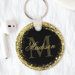 Glamorous Black Gold Glitter Monogram Name Keychain<br><div class="desc">Easily personalize this luxury glam gold glitter framed keychain with your custom name and monogram.</div>