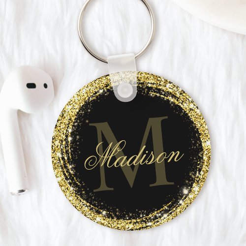 Glamorous Black Gold Glitter Monogram Name Keychain