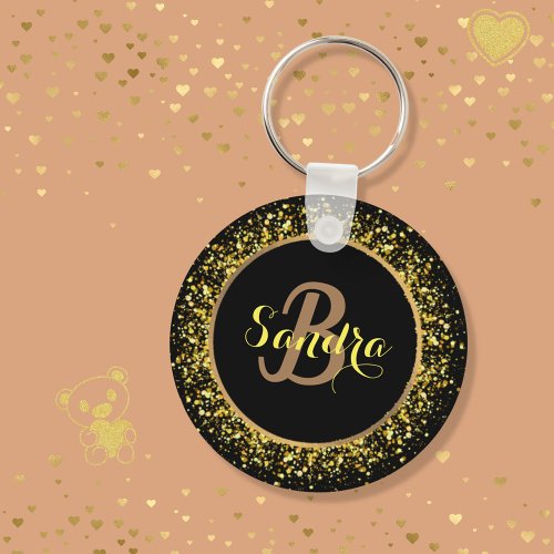 Glamorous Black Gold Glitter Monogram Name Keychain