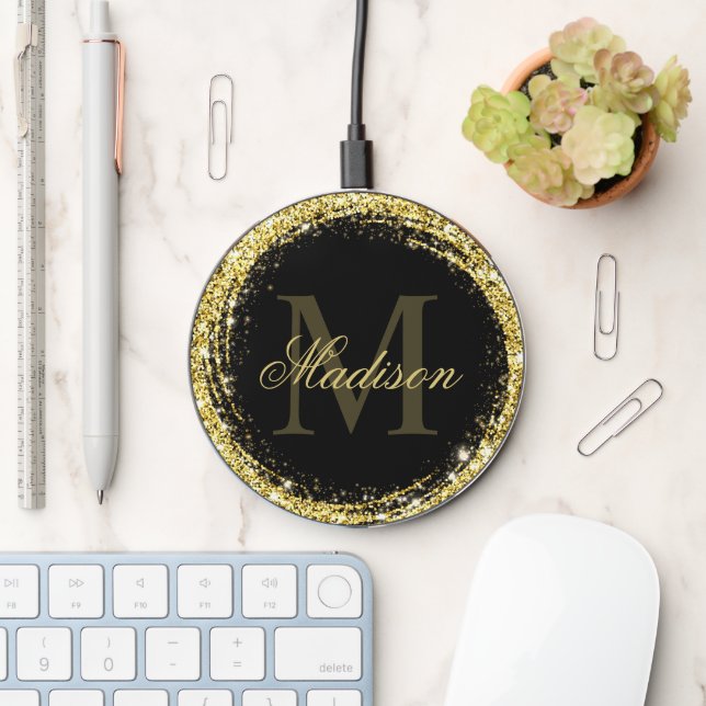 Glamorous Black Gold Glitter Monogram Name Wireless Charger (Desk)
