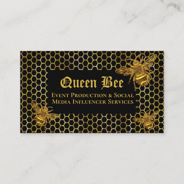 Glamorous Black Gold Queen Bee Events Influencer   Business Card (Front)