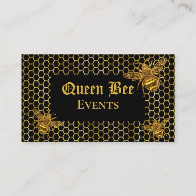 Glamorous Black Gold Queen Bee Events Production Business Card (Front)