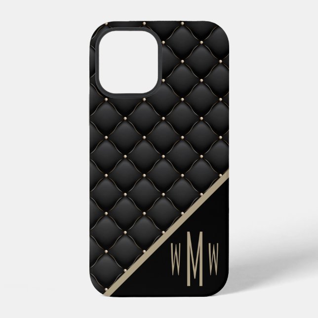 Glamorous Black Gold Quilted Pattern Monogram Iphone Case (Back)