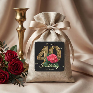 Glamorous Black Gold Red Rose Floral 40th Birthday Square Sticker