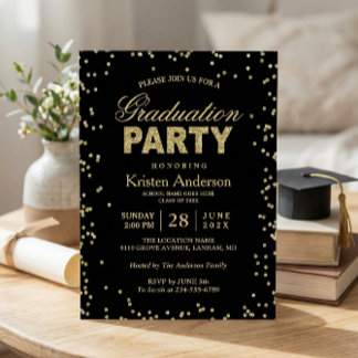 Glamorous Black & Gold Shimmer Graduation Party Invitation