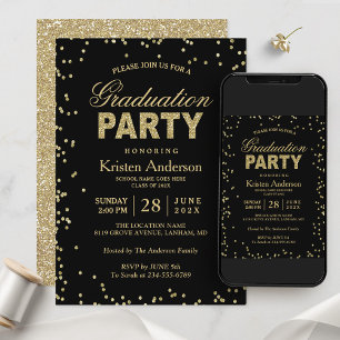 Glamorous Black & Gold Shimmer Graduation Party Invitation