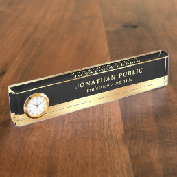 Glamorous Black Gold Trendy Template With Clock Desk Name Plate