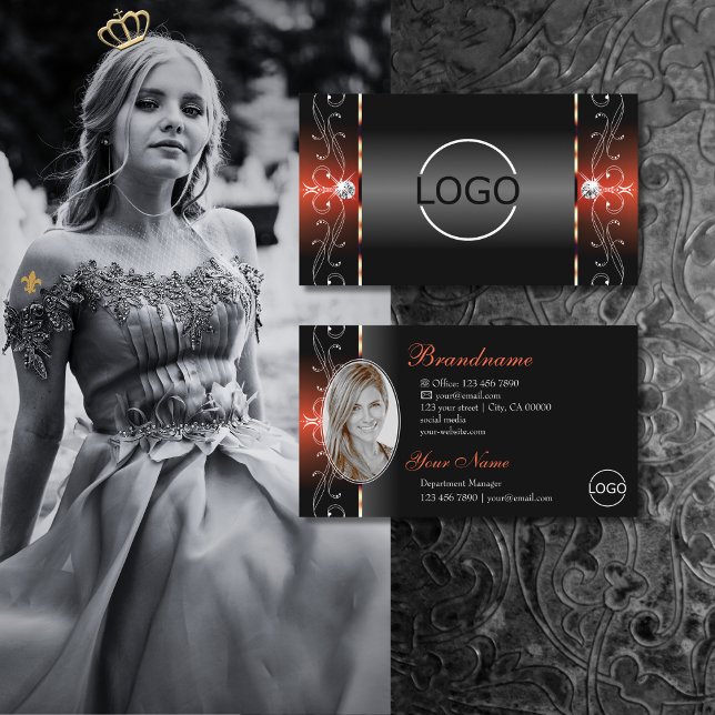 Glamorous Black Lava Red Squiggled Logo and Photo Business Card (Creator Uploaded)