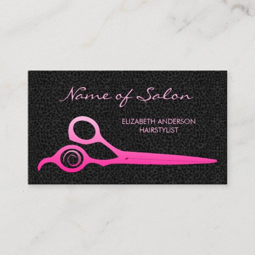 Customizable Glamorous Black Leopard Pink Hairstylist Scissors Business Card Templates
