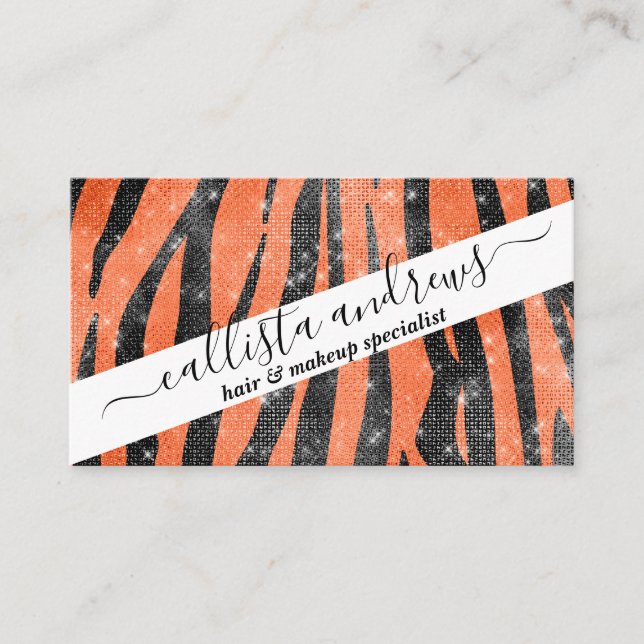 Glamorous Black Orange Glitter Animal Tiger Stripe Business Card (Front)