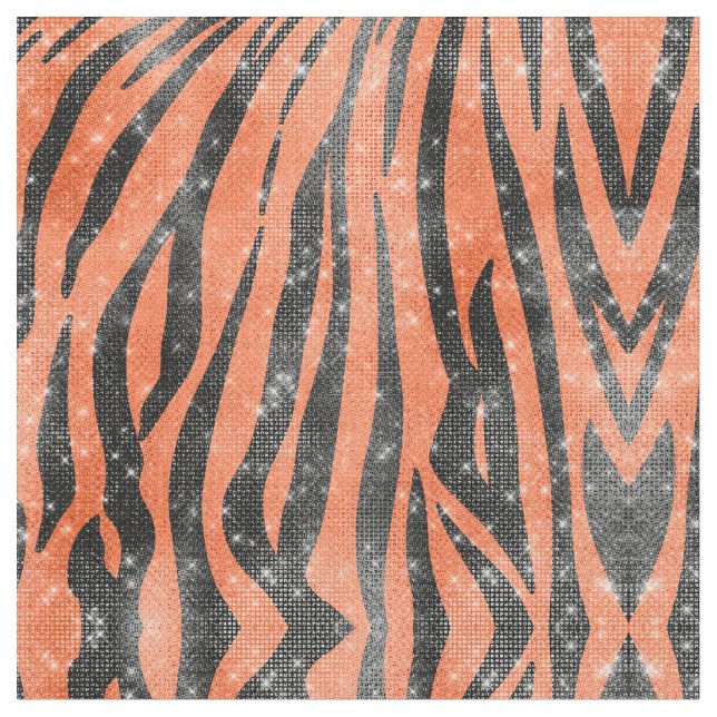 Glamorous Black Orange Glitter Animal Tiger Stripe Fabric (Close Up)