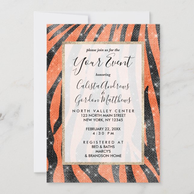 Glamorous Black Orange Glitter Animal Tiger Stripe Invitation (Front)